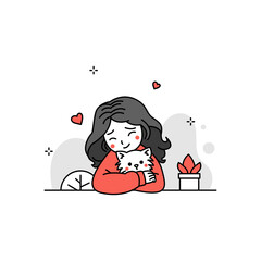 Charming Illustration of a Young Woman Embracing a Fluffy White Cat with Gentle Expression Surrounded by Heart Shapes and Minimalist Foliage on a White Background