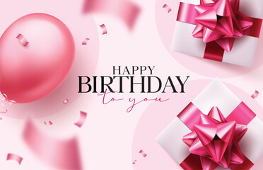 Happy Birthday greeting text clipart background. Birthday greeting card clip art with balloon, gift boxes and confetti decoration for elegant pink invitation card vector illustration. 
