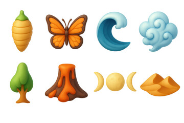 Naklejka premium Shape-Shifting Nature Icons. Shape-Shifting Nature icons in 3D color style: cocoon, butterfly, tidal wave, cloud swirl, tree morph, lava flow, moon