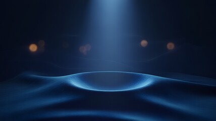 Fototapeta premium Abstract Blue Liquid Surface with Spotlight Beam and Bokeh Lights, Futuristic Product Background.