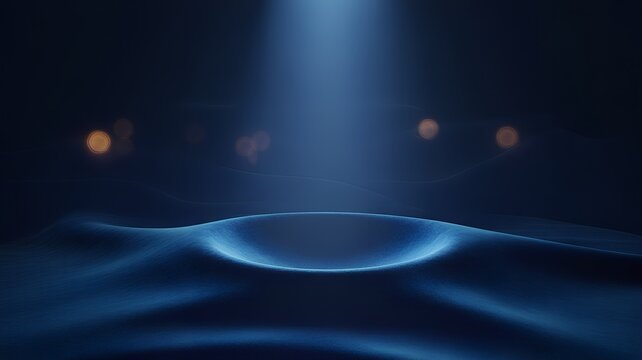 Abstract Blue Liquid Surface with Spotlight Beam and Bokeh Lights, Futuristic Product Background.