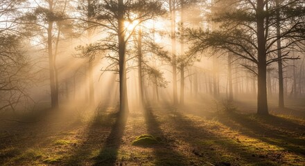 Obraz premium Sunlight through forest trees creating atmospheric landscape scene