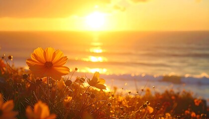 Golden Sunset Over Coastal Flowers.
