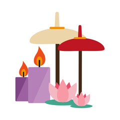 Two lit purple candles and two pink lotus flowers with cream and red umbrellas in a minimalist design against a transparent background representing tranquility and spa ambiance