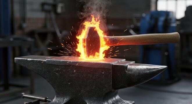The fiery hammer rests on the anvil as it is being forged, surrounded by flames and glowing sparks. The wooden handle of the hammer shows the heat.