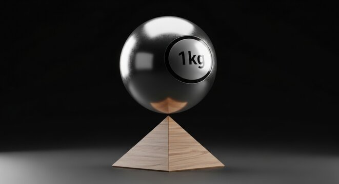 A shiny, metallic sphere marked with "1kg" delicately balances atop a wooden, triangular pyramid against a dark, blurred background.