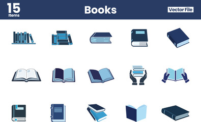Book Icon Collection – Open, Closed, Stacked, and Reading Illustrations for Education and Publishing Design, Lifestyle