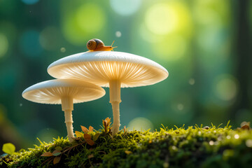 Tiny Snail Perched On A Glowing Mushroom Cap In A Sun Dappled Forest With Soft Bokeh Background