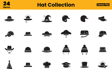 Hat Icon Collection – Beanies, Chef Hats, Cowboy, Graduation, and Witch Hats for Fashion or Costume Design, Lifestyle