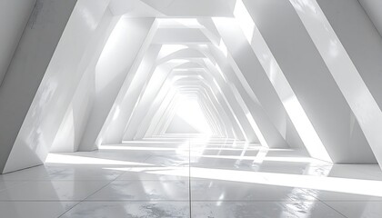 Obraz premium A spacious, minimalist architectural hallway design features repeating triangular support structures, creating a bright, airy and modern ambiance.