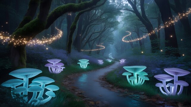 Enchanted Forest Path with Floating Fairy Lights and Glowing Blue Mushrooms, Fantasy Art Background.