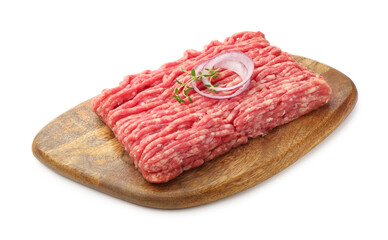 Raw minced meat with thyme and onion isolated on white