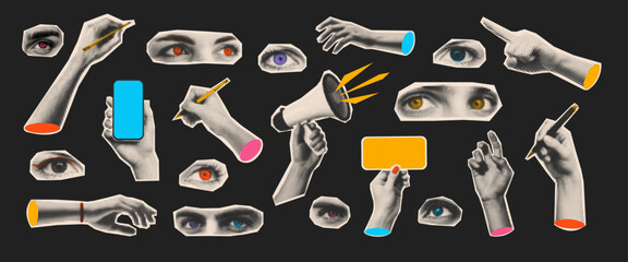 Set of 20 surreal collage elements in halftone style featuring hands, eyes, megaphone, and phones. Perfect for retro posters, zines, and graphic design.
