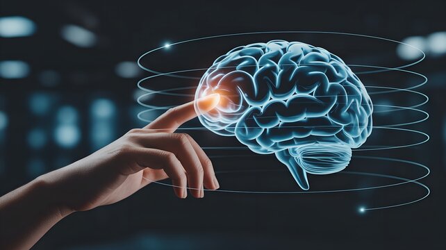 Human Hand Interacting with Glowing Holographic Brain, AI and Neuroscience Concept, 3D Render. - Powered by Adobe