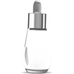 Clear Glass Dropper Bottle with Silver Cap and White Liquid for Cosmetics or Pharmaceuticals Isolated on White Background with Subtle Reflections
