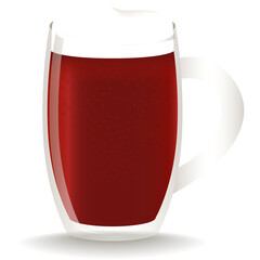 Clear Glass Mug Filled With Dark Red Beverage And White Foam Top With White Handle Transparent Background Isolated