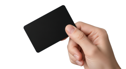 Human Hand Holding Blank Black Card on White Background