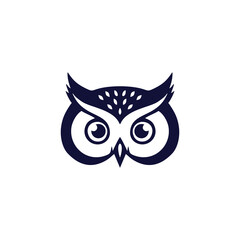 Obraz premium Stylized illustration of an owl's face, featuring large eyes and distinctive feathered tufts, rendered in a single dark color against a white background.
