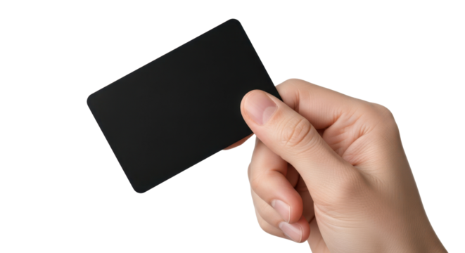 Human Hand Holding Blank Black Card on White Background