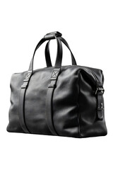 Naklejka premium A sleek, black duffel or travel bag with a subtle texture, featuring twin top handles and prominent side straps/buckles. A professional mockup for gym, weekend travel, or business accessories.