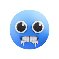 A 3D render of a blue smiley face emoji with wide eyes and chattering teeth showing icicles hanging from its mouth against a black background symbolizing cold or freezing