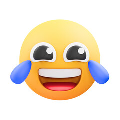 A 3D rendering of a yellow smiley face emoji with eyes shut laughing with tears streaming down its face against a black background