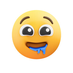 A Yellow 3D Emoji Character with Drooling Blue Slime and Wide Eyes Expressing Exhilaration and Hunger Against a Black Background