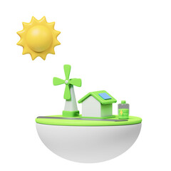 Eco friendly island with solar powered house and wind turbine under bright yellow sun with battery storage concept for renewable energy and sustainability