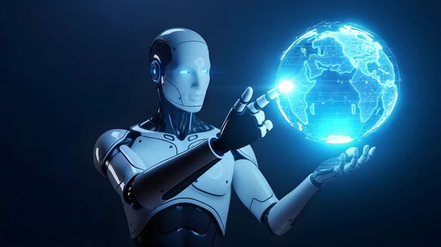Futuristic robot holding a glowing digital earth hologram in its hands