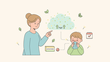 Mother helps child with seasonal allergies high pollen count and antihistamine treatment