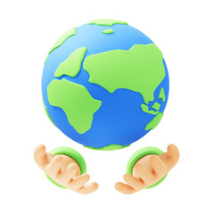 Stylized 3D Earth Globe Held Gently by Two Open Hands with a Transparent Background