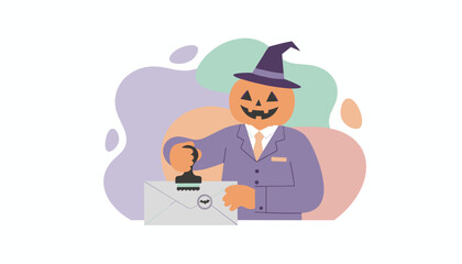 Jackolantern in business suit and witch hat stamping a Halloween envelope Seasonal marketing