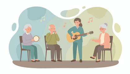 Seniors and caregiver enjoy music therapy with guitar tambourine and harmonica for wellness