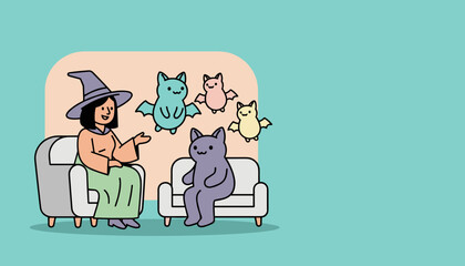 Friendly witch cat and bats in a whimsical Halloween scene Perfect for childrens content