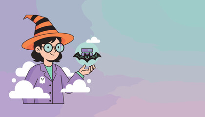 Halloween witch presents a bat server icon for cloud computing and cybersecurity concepts