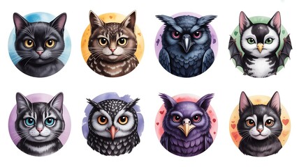 Fototapeta premium Adorable Watercolor Cat And Owl Portraits, Cute Animal Art for Stickers, Cards or Kids’ Room Decor.