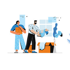Two People Organizing Items Into a Cardboard Box with Abstract Background Shapes and Light Blue Accents Minimalist Flat Design Illustration