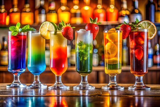 Vibrant rainbow layered cocktails garnished with fruit and mint on a bar counter with blurred bottles background
