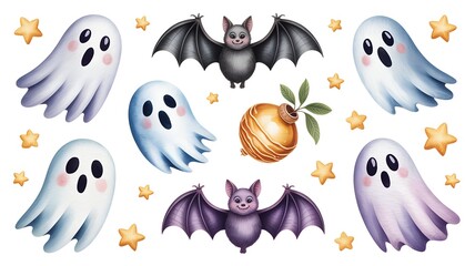 Cute Halloween Stickers &ndash; Ghosts, Bats & Stars, Perfect for Kids&rsquo; Parties, Invitations or Social Media Graphics.