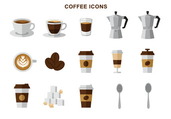 Coffee Icon Set Brewing Essentials & Beverage Variety in Flat Design