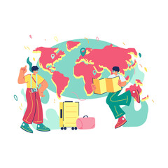 Two People Engaging In Travel Preparations With Luggage And A World Map Illustration In The Background With A Transparent Overlay