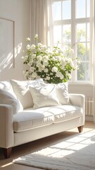 Bright, Cozy Living Room with White Sofa and Flowers.