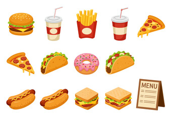 Isometric Fast Food Feast Burgers, Pizza, Tacos, Hot Dogs, and Sweet Treats