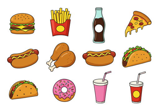 Naklejki Cartoon Fast Food Icons Colorful and Appealing Vector Set