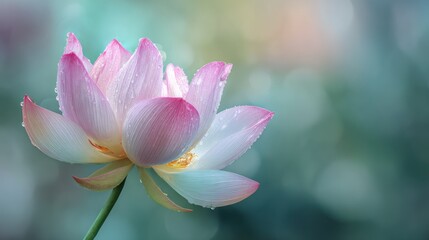 A close-up of a pink and white lotus flower, glistening with water droplets, set against a softly blurred, teal and green background