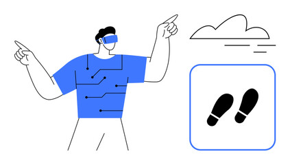 Person wearing VR headset with visible circuitry on shirt gestures toward cloud and footprint icon. Ideal for technology, virtual reality, innovation, future, mobility, connection, cloud computing
