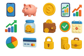 Micro Investing Icons. Micro investing basics set of icons in 3D color style: smartphone with coin, piggy bank, dollar coin, investment app screen,