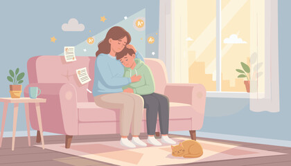 Mother comforts sad son after poor school grades offering support and encouragement at home