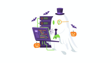 Spooky ghost programmer coding on a laptop with server racks bats and pumpkins for Halloween tech