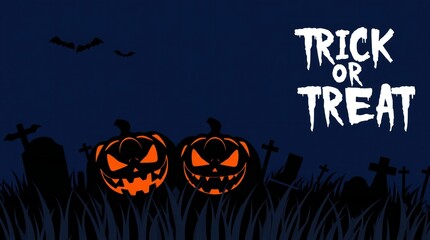 Spooky halloween night with glowing jack o lanterns and trick or treat text